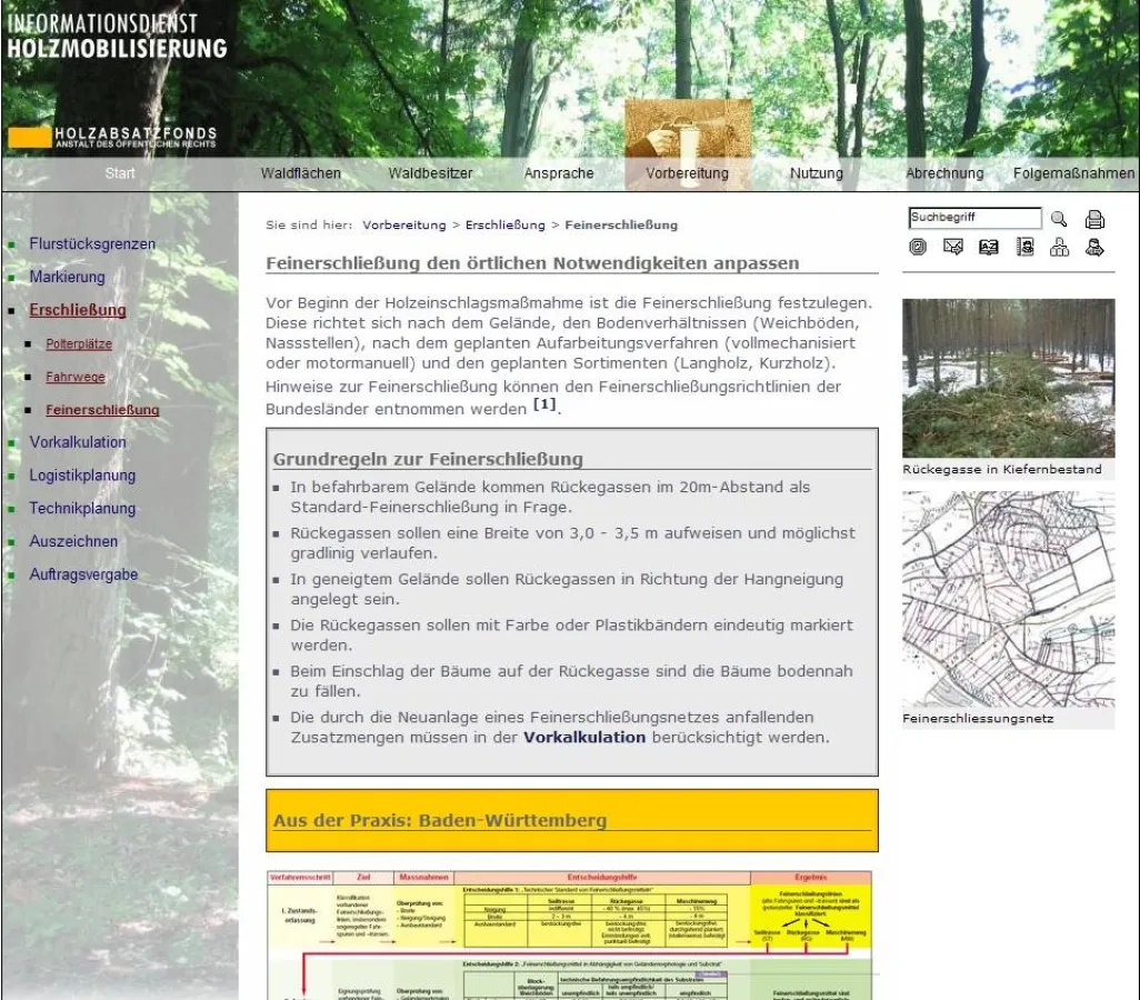 Screenshot einer Ebene: Der Informationsdienst Holzmobilisierung ist entlang eines idealtypischen Mobilisierungsprozesses strukturiert