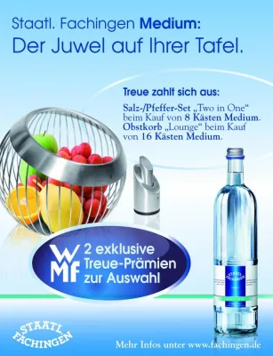 Für eine gehobene Tischkultur - Staatl. Fachingen Medium und WMF starten Treueaktion im Handel Bild: Für eine gehobene Tischkultur - Staatl. Fachingen Medium und WMF starten Treueaktion im Handel