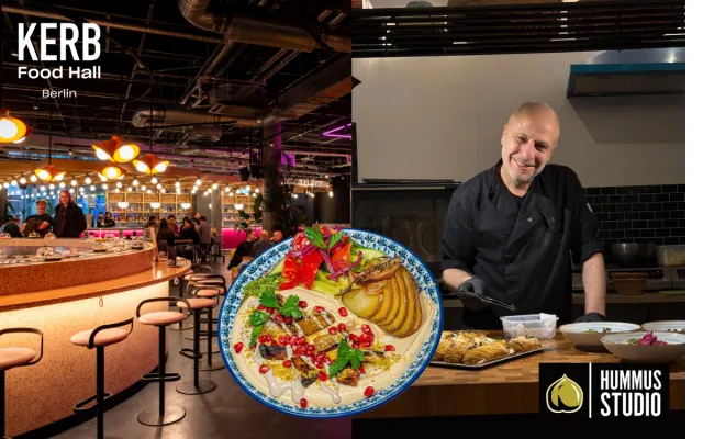 Bild: KERB Food Hall Berlin begrüßt HUMMUS STUDIO auf dem charakteristischen Laufband  