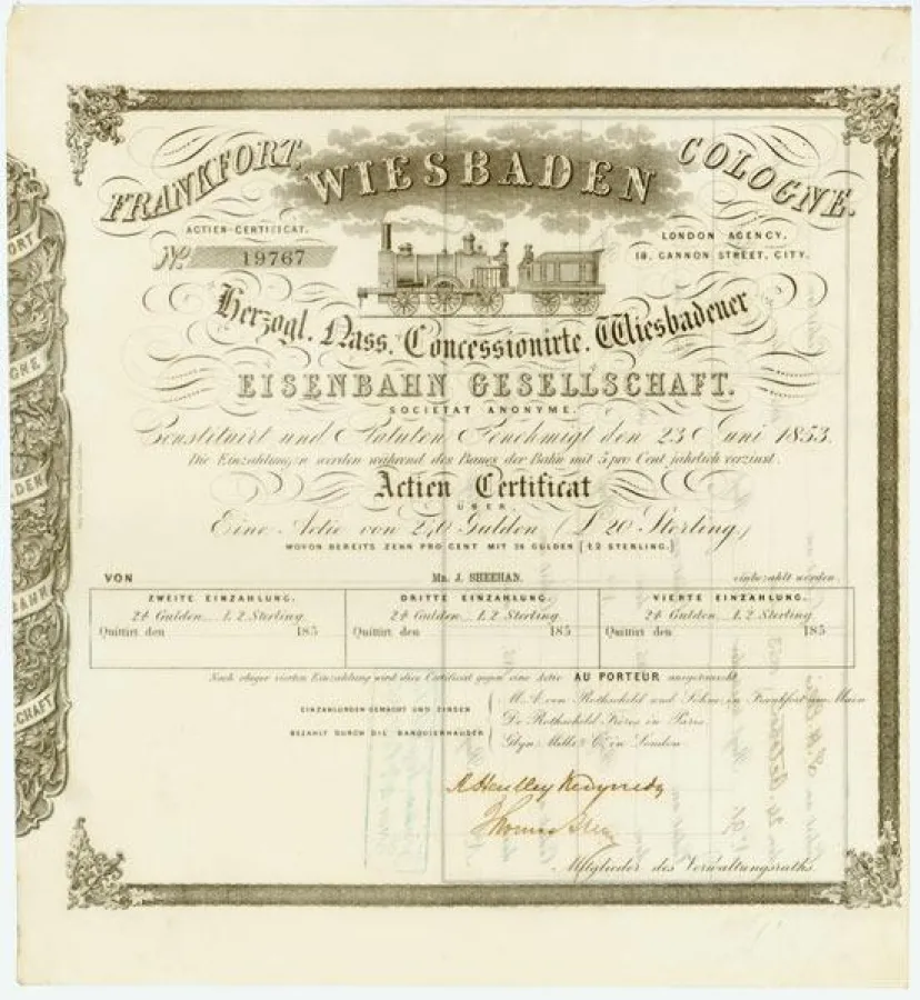 Aktie der Herzogl. Nass. Concessionirte Wiesbadener Eisenbahn Gesellschaft aus dem Jahr 1853