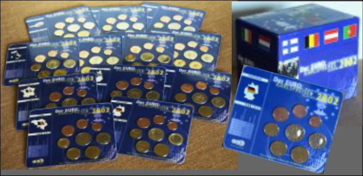 Nur 2002 Exemplare: Kassette mit Kursmünzensätzen der Gründungsmitglieder der Gemeinschaftswährung