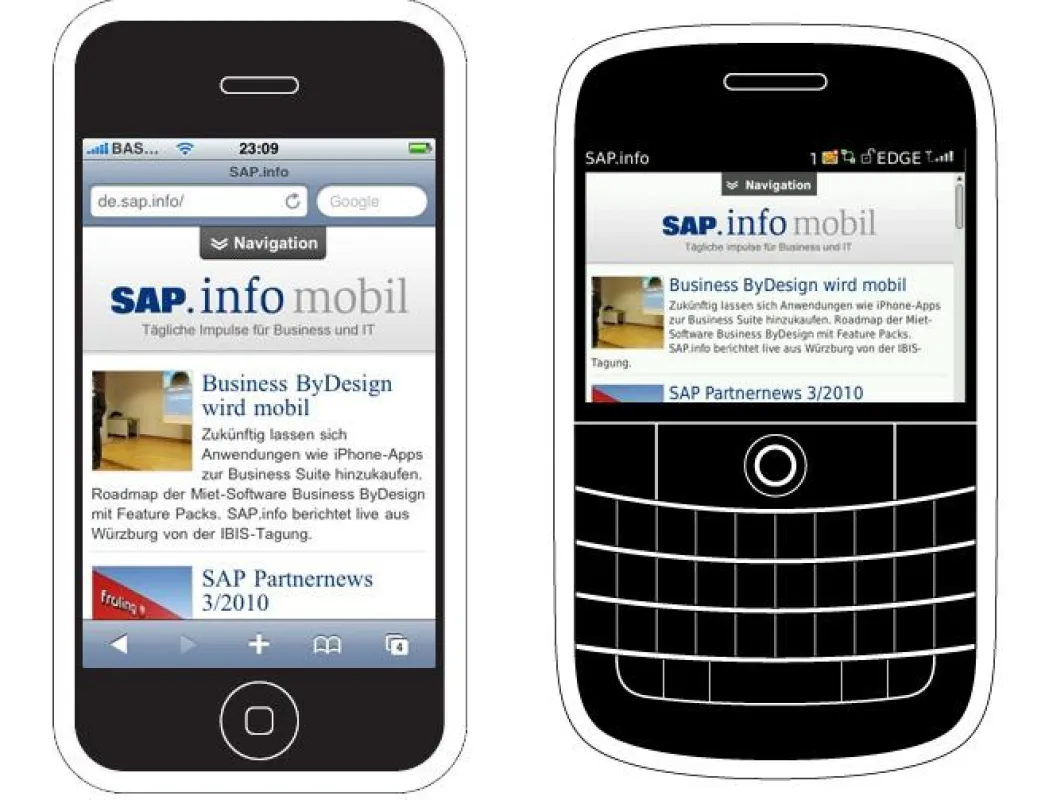 Startseite der SAP.info im Vergleich auf einem iPhone und einem BlackBerry Bold.