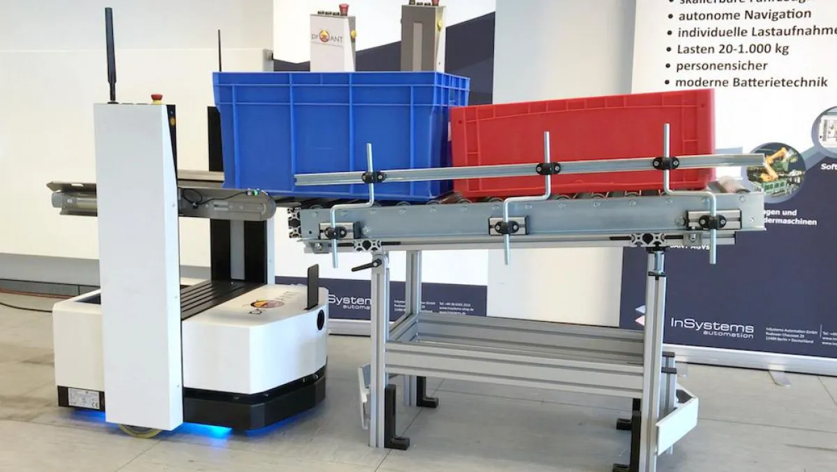 proANT Transportroboter für KLT Behälter an einer exemplarischen Übergabestation