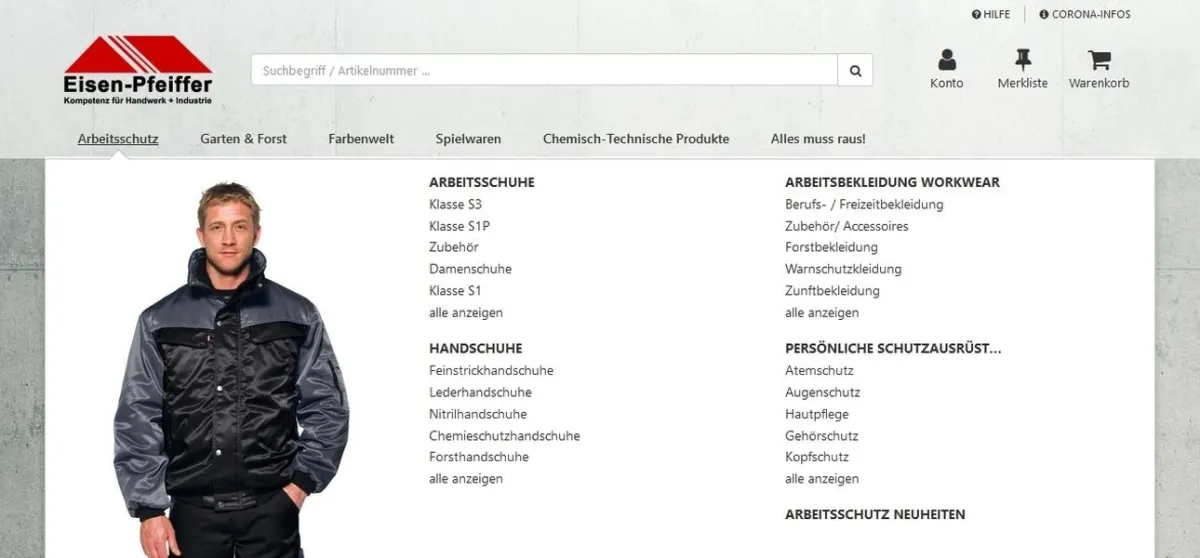 Das neue Mega-Menü erleichtert die Navigation für die Kunden – hier im Webshop von Eisen-Pfeiffer.