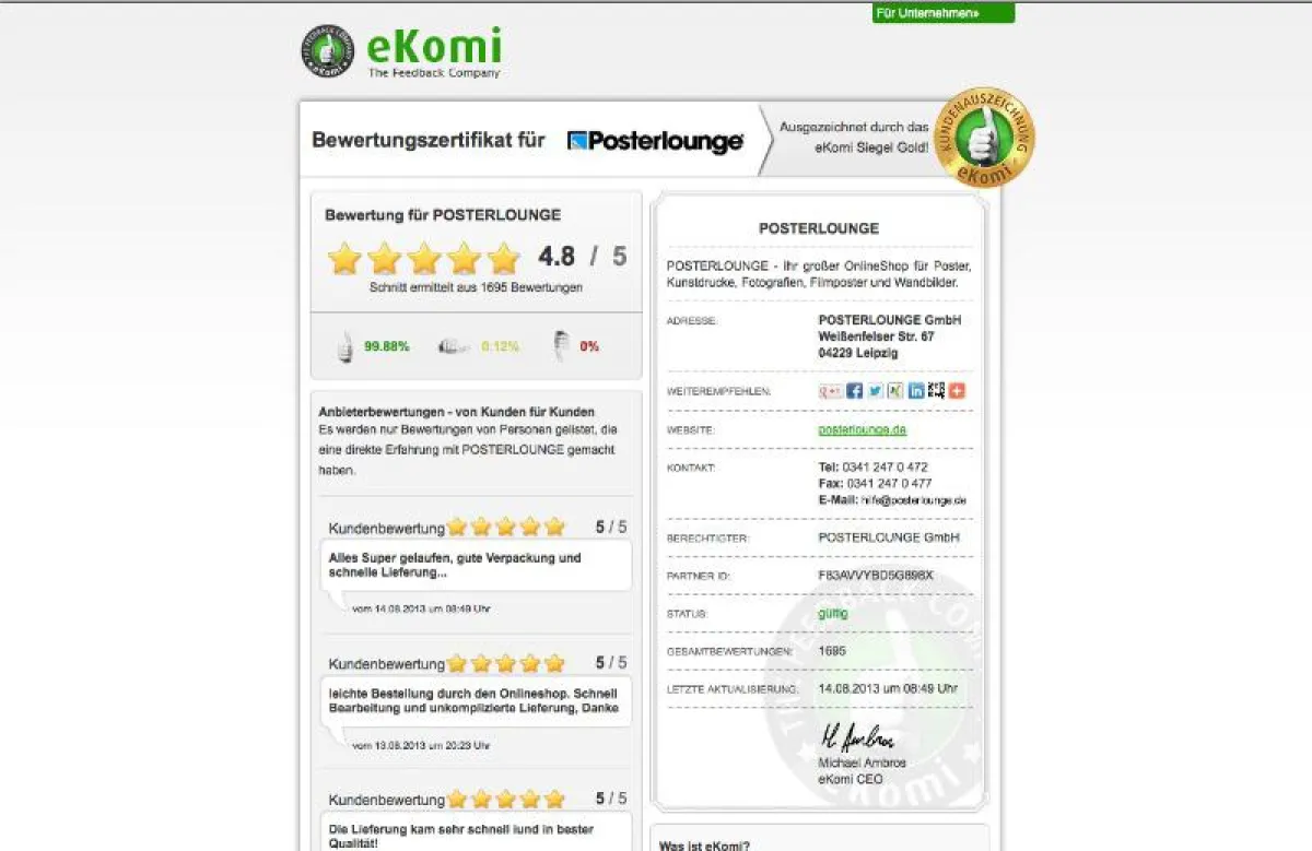 Posterlounge-Bewertungen auf eKomi