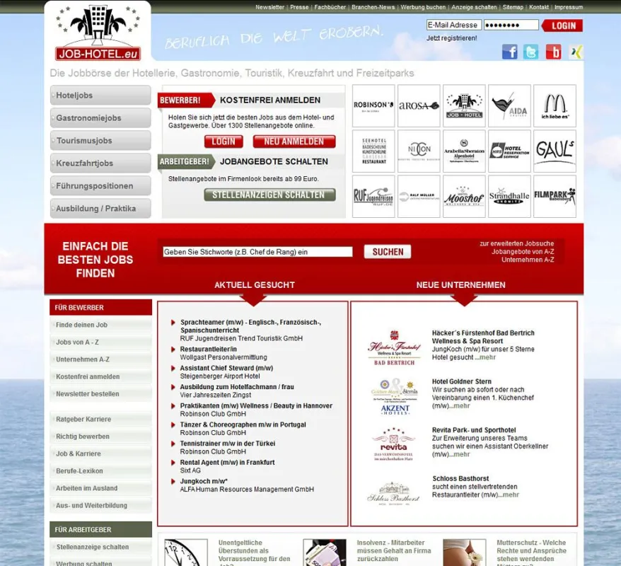 Ein screenshot der Jobbörse JOB-HOTEL.eu