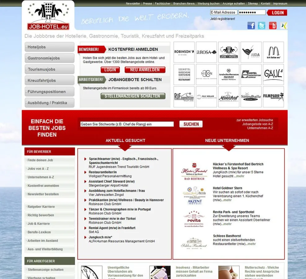 Ein screenshot der Jobbörse JOB-HOTEL.eu