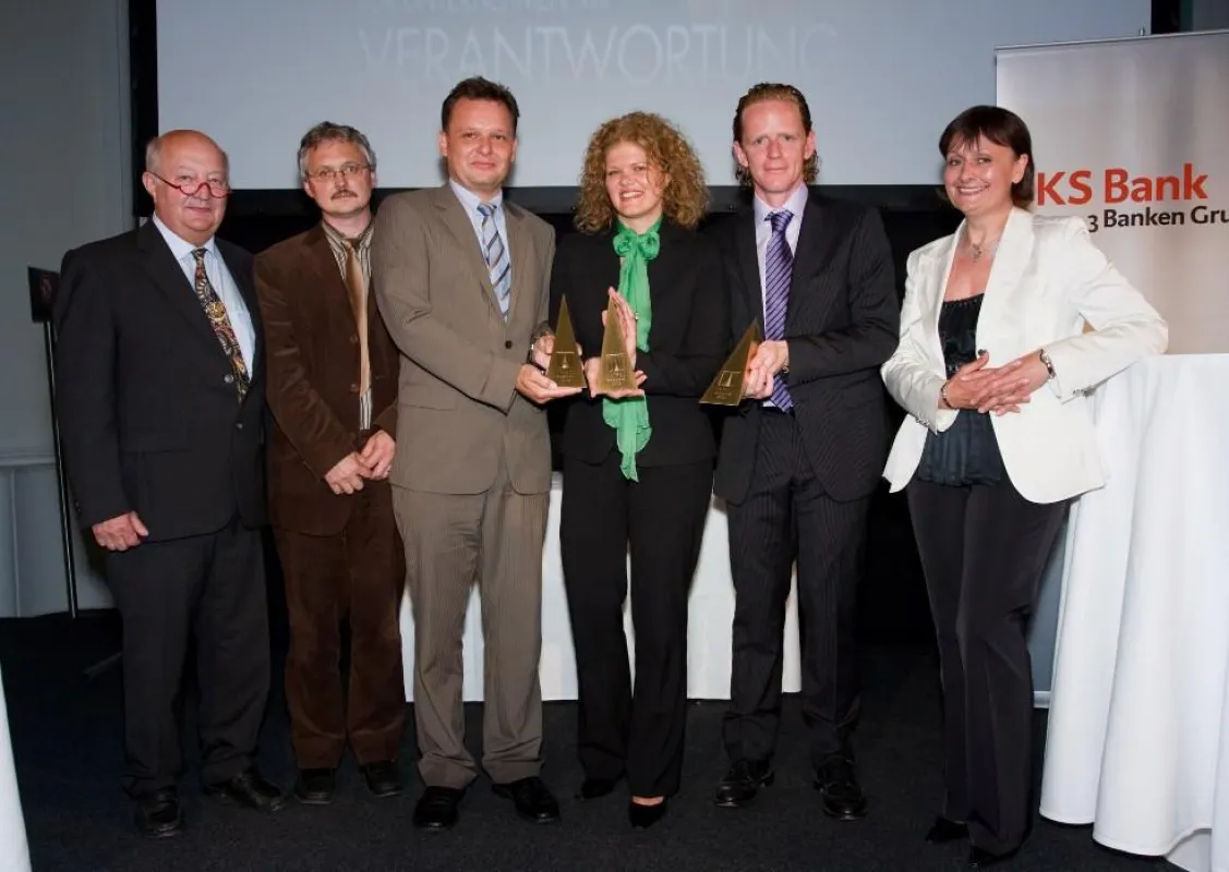 JohannesWintersberger, SOS Kinderdorf; Mag. Franz Waldl, Caritas; Bernhard Gutternigg, Paltental Minerals, Jasmin Leiner, Knapp Systems; Alfred Messner, Messner Wurst ; Dr. Herta Stockbauer, BKS Bank