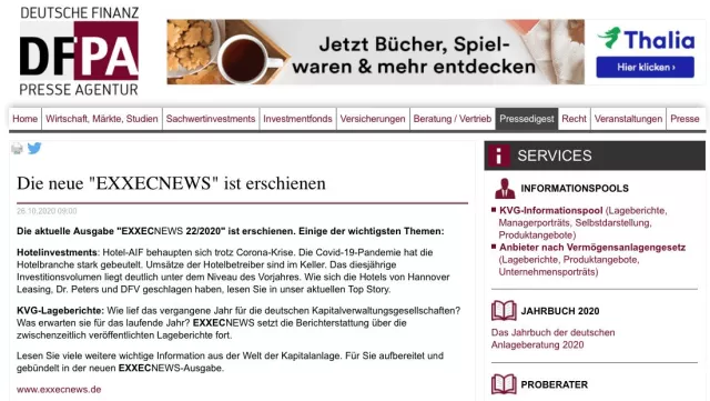 Bild: Finanznachrichten für Führungskräfte: Die aktuelle Ausgabe EXXECNEWS 22/2020 ist erschienen