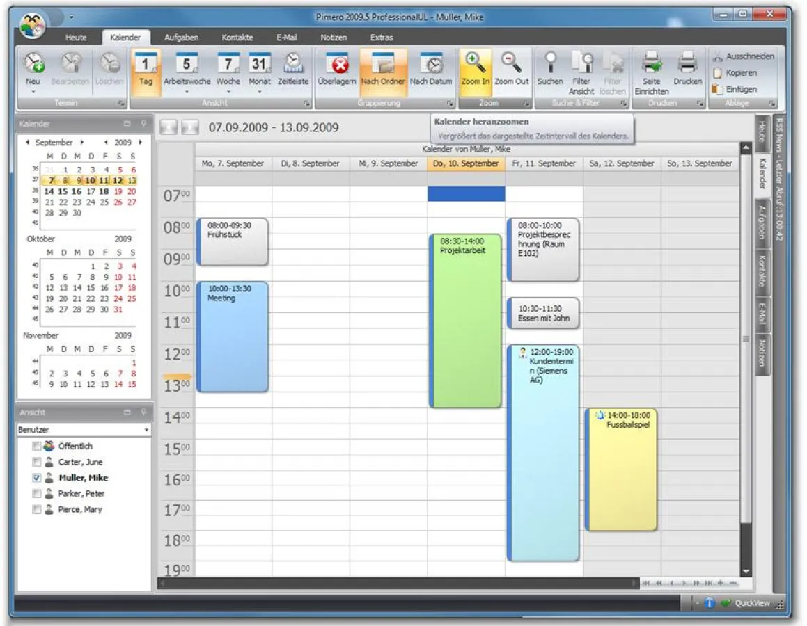Pimero in der Kalenderansicht