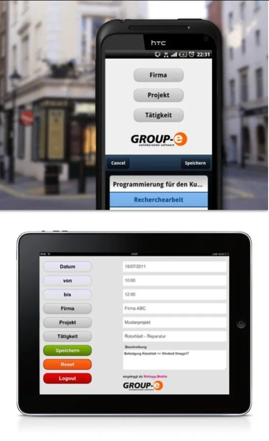 GROUP-E Android & iPhone App für mobile Zeiterfassung
