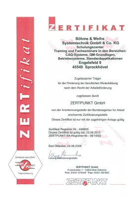 Bild: Schulungen der Böhme & Weihs Systemtechnik nach AZWV zertifiziert