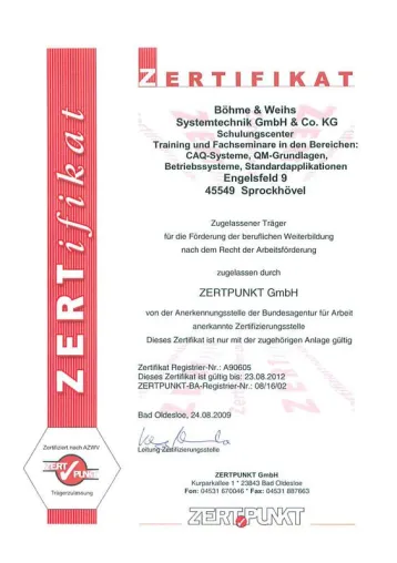 Bild: Schulungen der Böhme & Weihs Systemtechnik nach AZWV zertifiziert