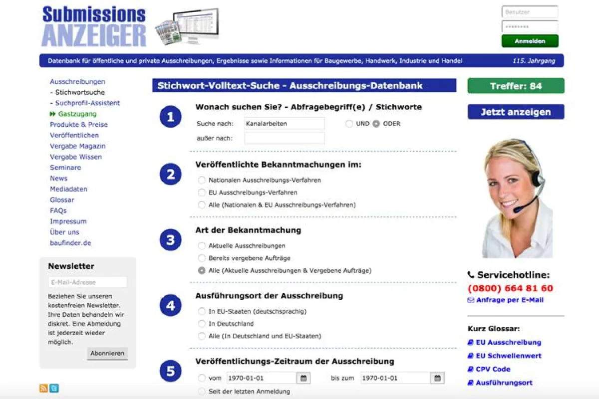 In Echtzeit wird die Anzahl der Suchergebnisse angezeigt. © Submissions-Anzeiger Verlag