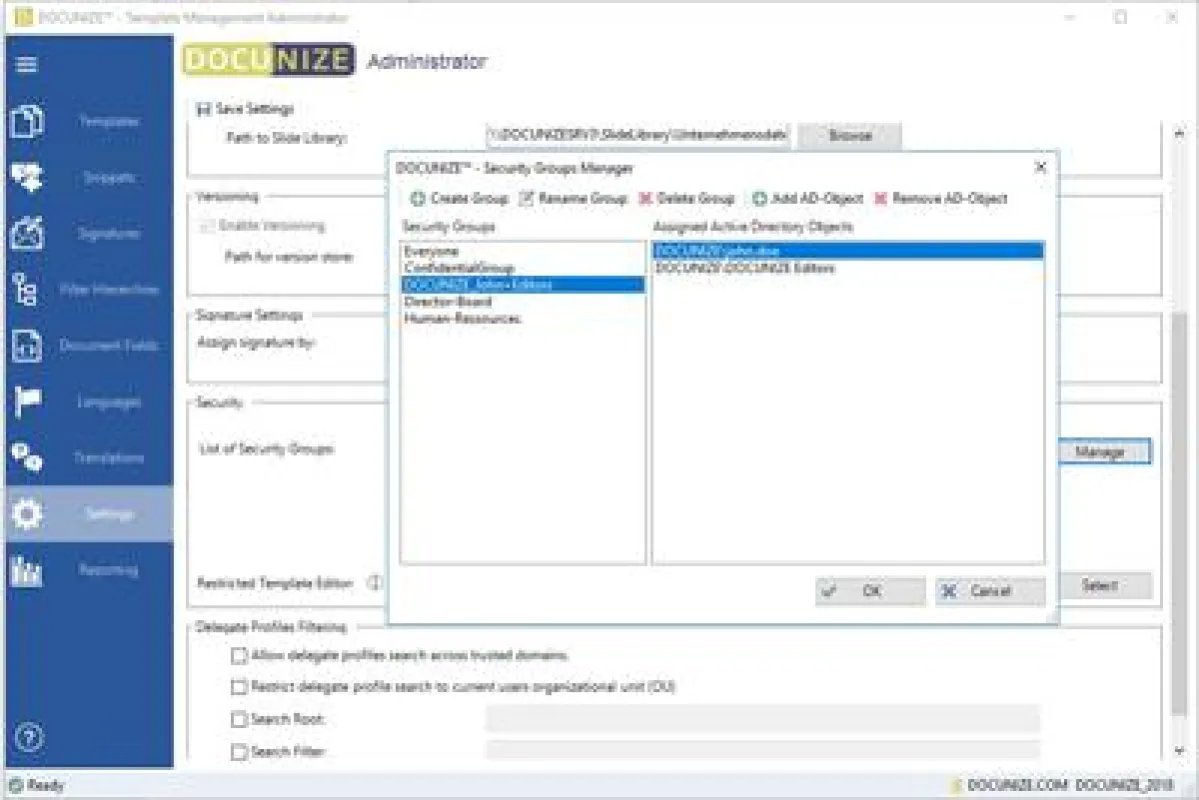 Screenshot Berechtigungsgruppen in DOCUNIZE