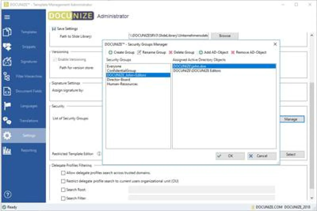 Screenshot Berechtigungsgruppen in DOCUNIZE