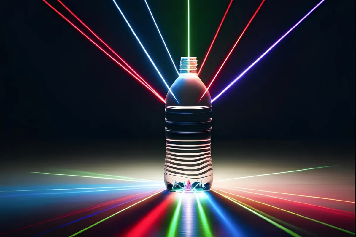 Eine Kunststoffflasche wird mit Laserstrahlung verschiedener Wellenlängen bestrahlt und analysiert. (© Dieses Bild wurde durch eine KI generiert. Quelle: Timo Grunemann, SKZ-Das Kunststoff-Zentrum)