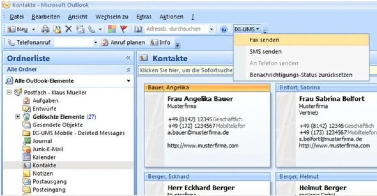 Fax-Komfort für Outlook Benutzer: Die IXI-UMS Client Tools erlauben beispielsweise die direkte Auswahl von Outlook Kontakten für Fax- oder SMS-Adressierung
