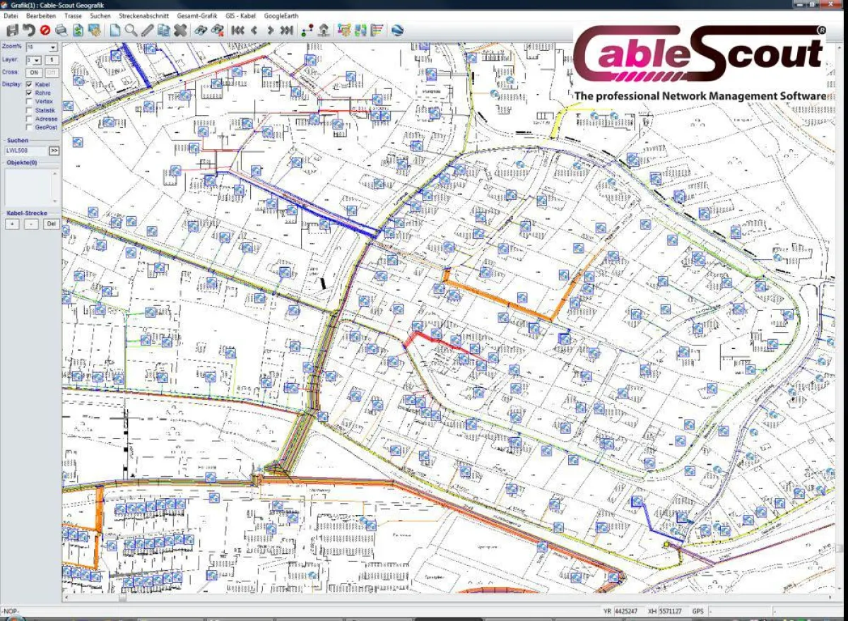 Ansicht eines FTTH-Netzes (23000 Gebäude) das gänzlich mit Cable-Scout geplant wurde.