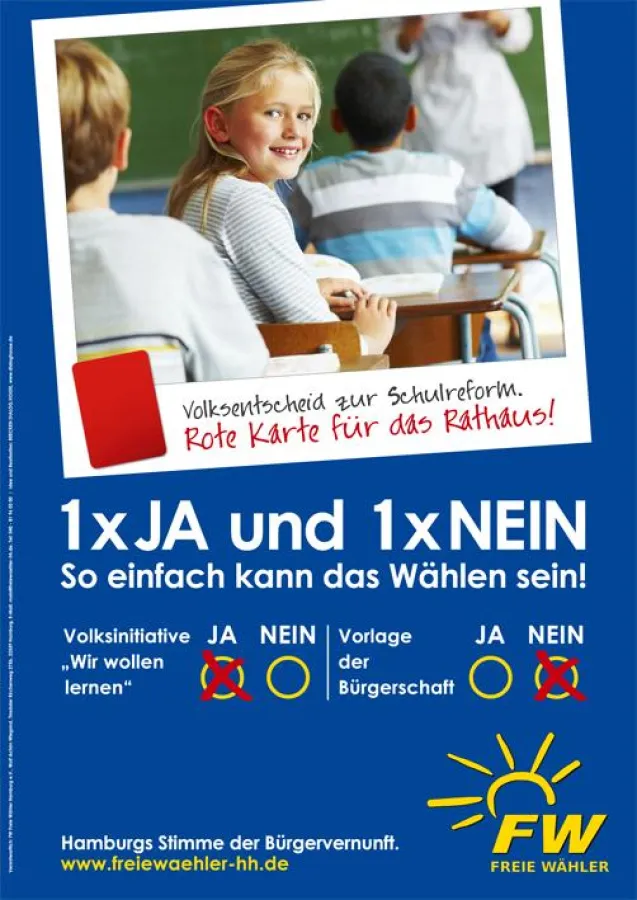 Mit diesem Plakat warben die FREIEN WÄHLER Hamburg für die Ablehnung der umstrittenen Schulpolitik