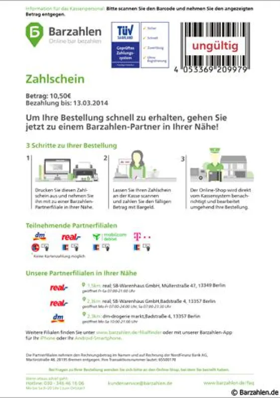 Musterzahlschein des ePayment-Anbieters Barzahlen.de