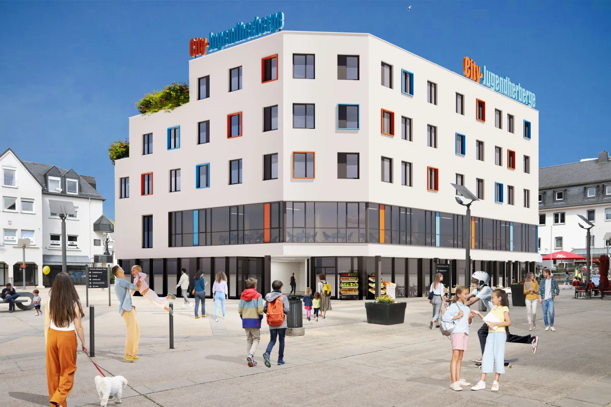 Visualisierung der geplanten neuen City-Jugendherberge Montabaur (© fries architekten)