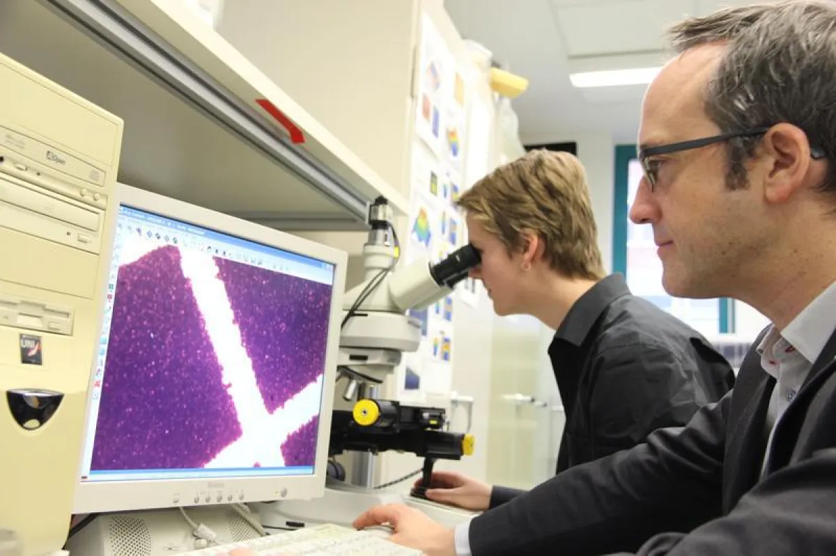 Prof. Jochen Frey (rechts) und Doktorand Malte Nickel prüfen an Mikroskop und Bildschirm die Nanodrahtbeschichtung eines Chips. (Foto (THM/Armin Eikenberg))