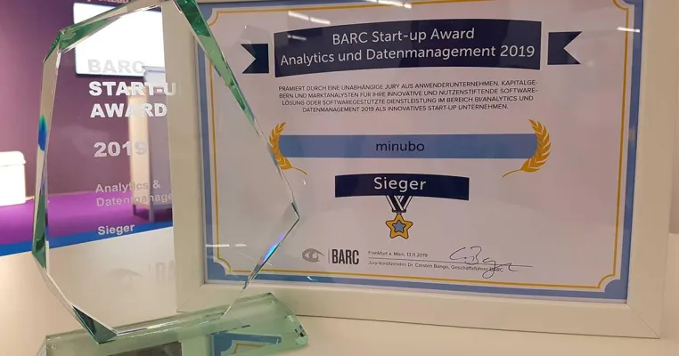minubo räumt ab! Gewinner beim BARC Award 2019 für Analytics und Datenmanagement Bild: minubo räumt ab! Gewinner beim BARC Award 2019 für Analytics und Datenmanagement