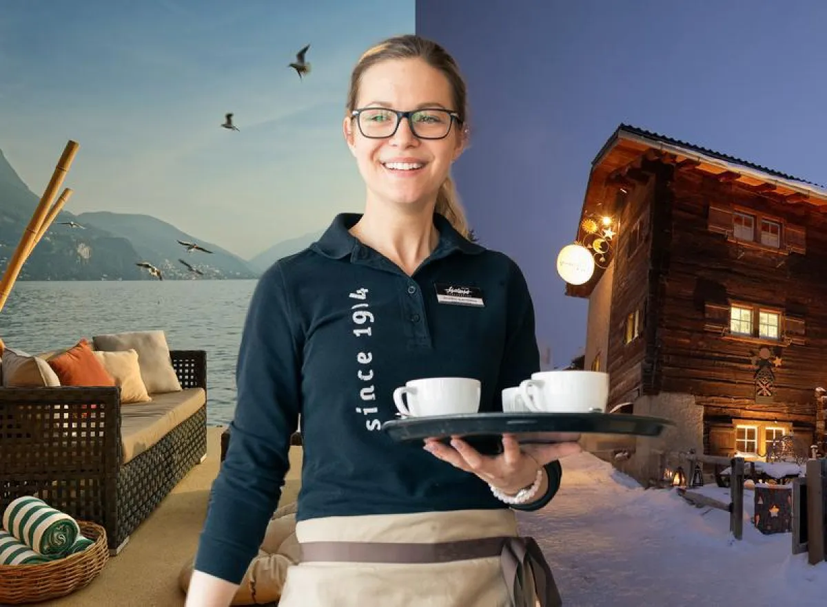 Service-Fachkraft aus dem Hotel Schweizerhof Lenzerheide «im Sommer am See, im Winter im Schnee»  (Verein Mitarbeiter-Sharing)