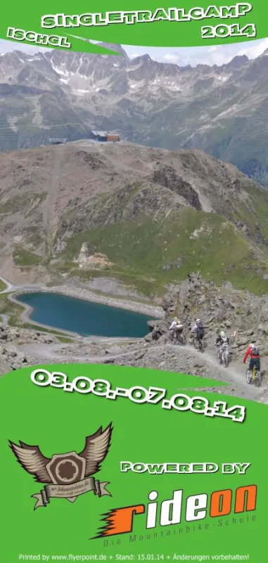 Der Flyer des Singletrailcamps (Abfahrt nach Ischgl, auf dem Velliltrail)