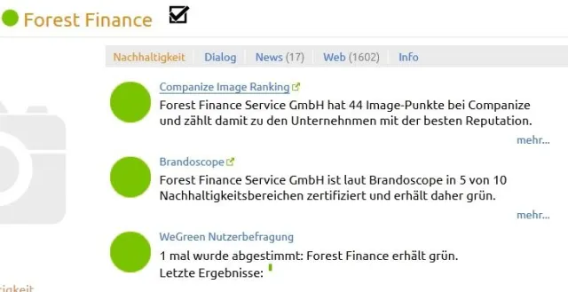 Bild: WeGreen – Nachhaltigkeitsampel zeigt ForestFinance Bestnote für Nachhaltigkeit