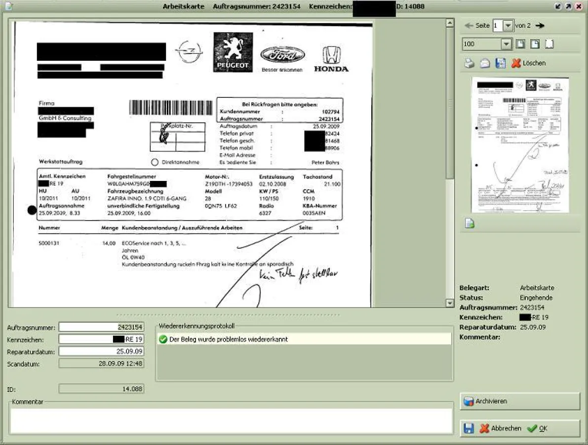 Automatisch indexierte Arbeitskarte in DocuBizz