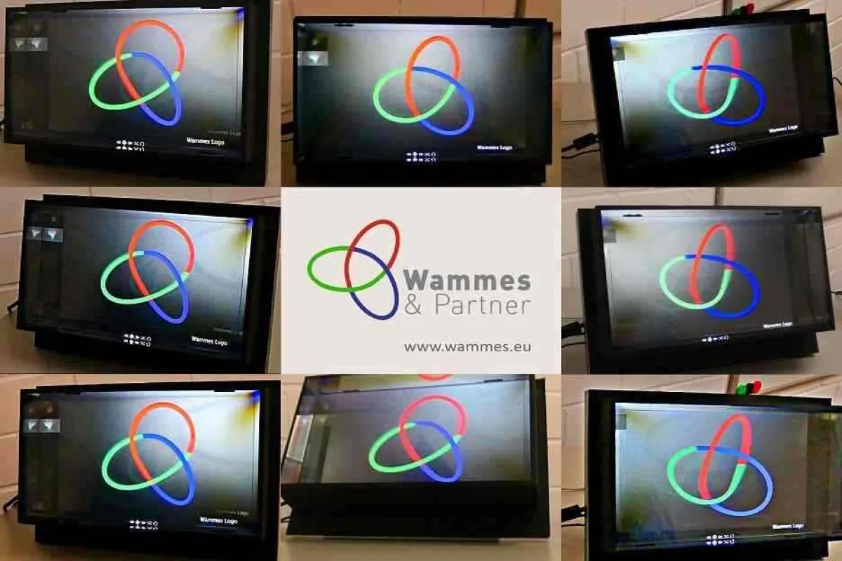 Verschiedene Blickwinkel derselben Darstellung des 3D-Logos in 3D-Lichtfeld-Display