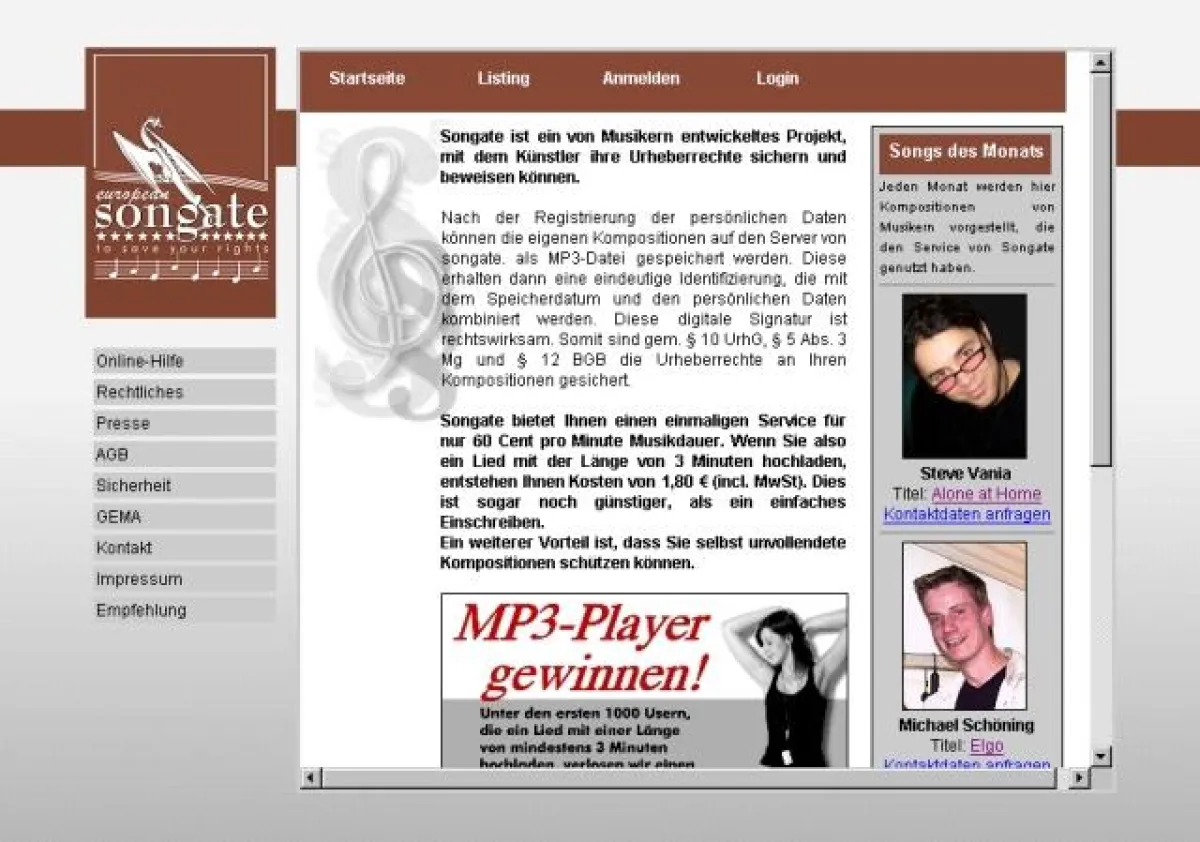 Die Startseite von Songate