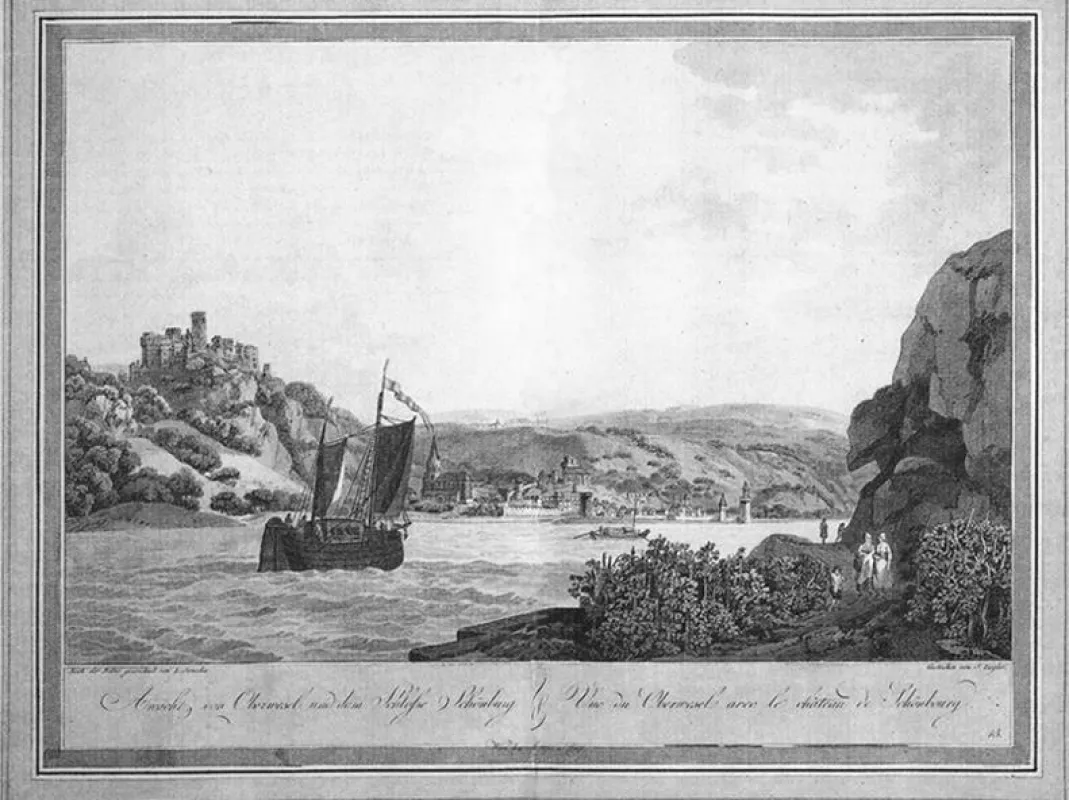 Qberwesel und Schloß Schönburg. Gestochen von J.Ziegler nach einem Bild von Lorenz Janscha. (Format ca. 20*27 cm, farbig)