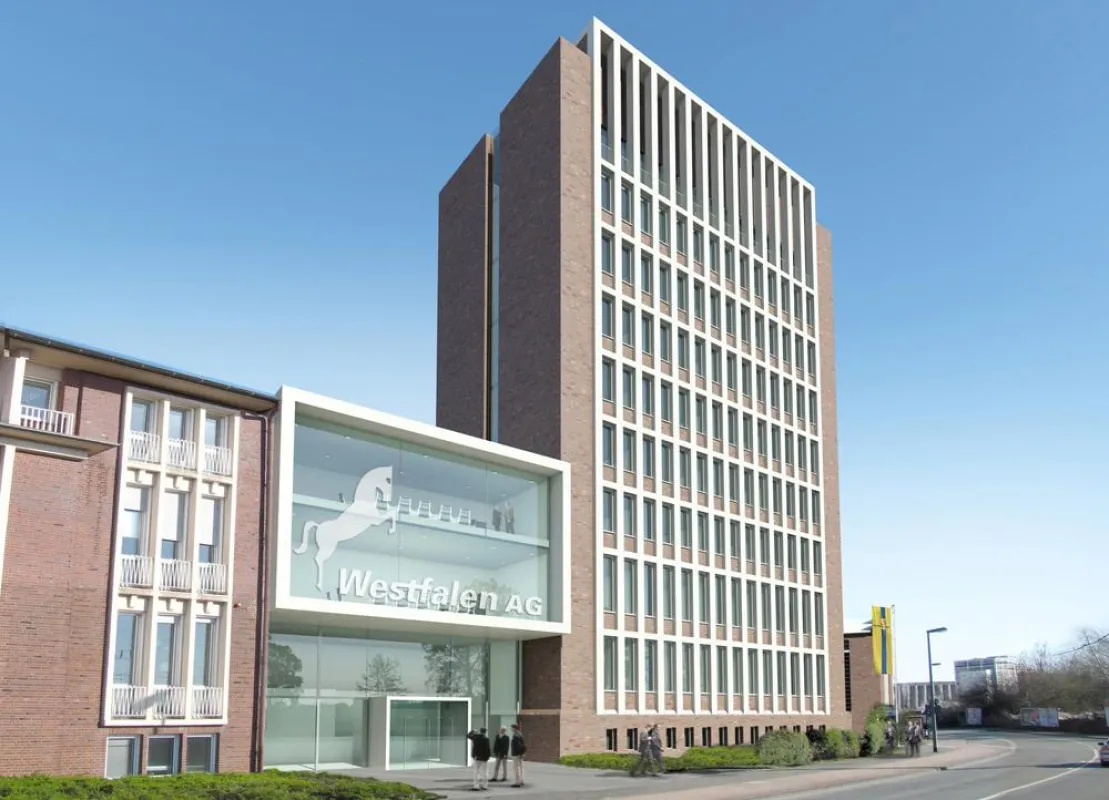 Der neue elfgeschossige Büroturm (rechts) stellt Bezüge zum Altbau (links) her.