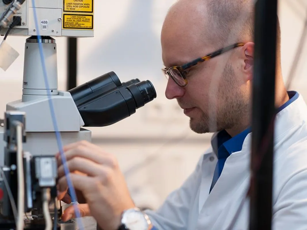 Marc Aurel Busche am Zwei-Photonen-Mikroskop, welches die direkte Beobachtung von Nervenzellen im intakten Gehirn mit hoher räumlicher und zeitlicher Auflösung ermöglicht. (Kurt Bauer / Technische Un