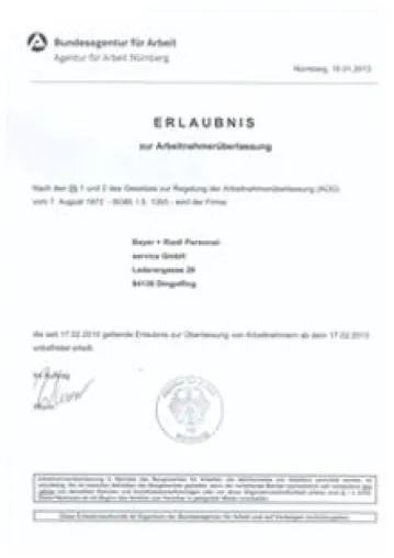 Bayer + Riedl Personalservice erhält unbefristete Erlaubnis zur Arbeitnehmerüberlassung Bild: Bayer + Riedl Personalservice erhält unbefristete Erlaubnis zur Arbeitnehmerüberlassung