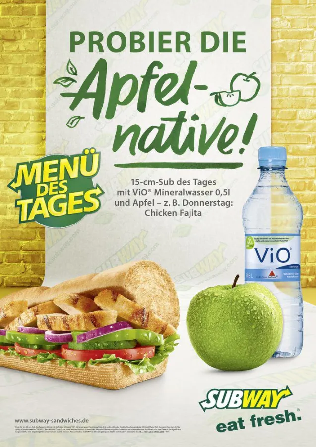 Das neue Menü des Tages bei Subway: knackige Granny Smith Äpfel und erfrischendes ViO Wasser