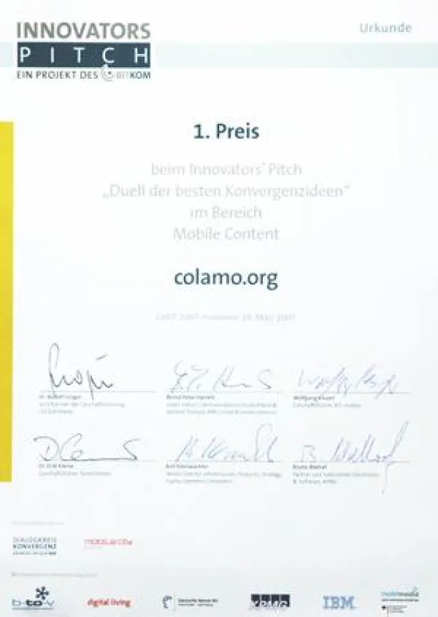 colamo.org wurde Ausgezeichnet mit dem 1. Platz im Innovators Pitch