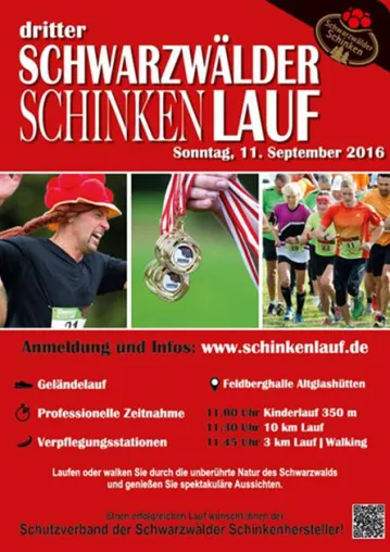 3. Schwarzwälder Schinkenlauf startet am 11. September an der Feldberghalle in Altglashütten Bild: 3. Schwarzwälder Schinkenlauf startet am 11. September an der Feldberghalle in Altglashütten