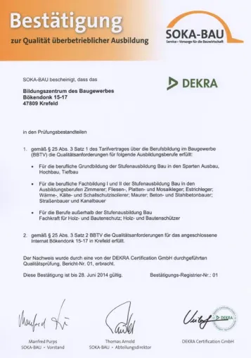 BZB erfüllt als erstes Bau-Ausbildungszentrum Qualitätskriterien der SOKA-BAU Bild: BZB erfüllt als erstes Bau-Ausbildungszentrum Qualitätskriterien der SOKA-BAU