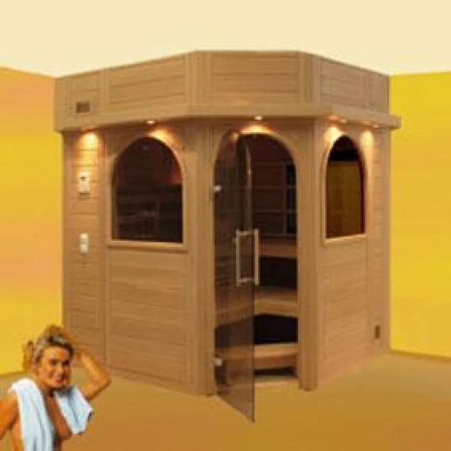 Die NORDI Multiline von BEMBERG innen mit geballter Technik in einer Kabine – Sauna – Infrarot und Softdampfbad, zusätzlich mit Sternenhimmel und Korpus aus massiver Hemlock-Tanne, 58 mm starke Bohlen