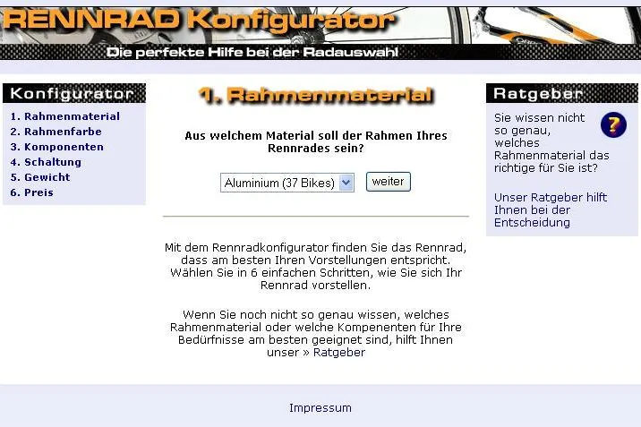 Bild: Die Auswahlhilfe bei der Rennradauswahl - Rennradkonfigurator.de – Mit sechs Klicks zum optimalen Rad