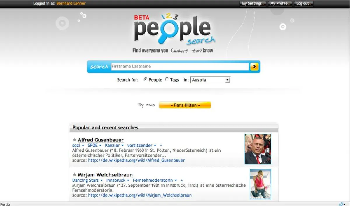 Screenshot Startseite von 123people, der Personensuchmaschine