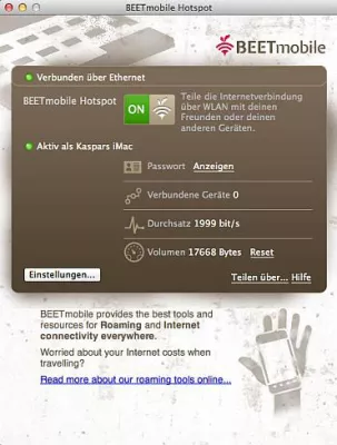 Bild: BEETmobile Hotspot App für Mac - Mit wenigen Klicks zum persönlichen Hotspot