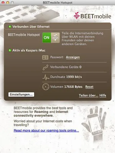 Bild: BEETmobile Hotspot App für Mac - Mit wenigen Klicks zum persönlichen Hotspot