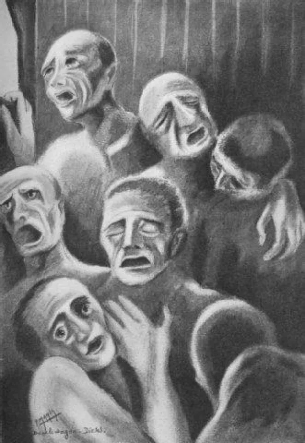 Zahlreiche Fotos und Zeichnungen, wie „Im Wagon“ von Pierre Mania, zeigen das Elend.