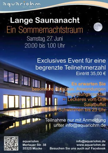Bild: aquariohm in Mücke veranstaltet am 27.06. exklusive Saunanacht