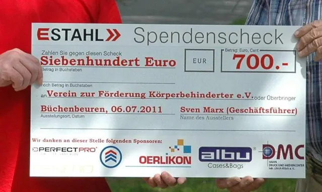 Bild: E-stahl überreicht Spendenscheck an den Verein für Körper und Mehrfachbehinderte Mainz e.V.
